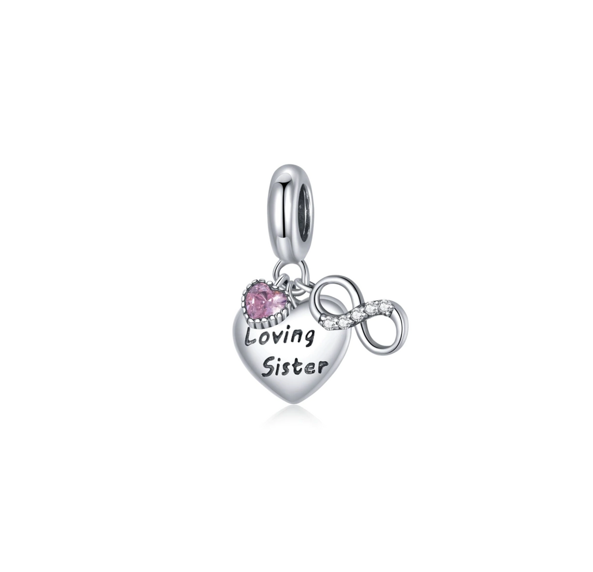 Pink Cubic Zirconia & Sterling Silver 'Loving Sister' Heart Charm (40822-2)