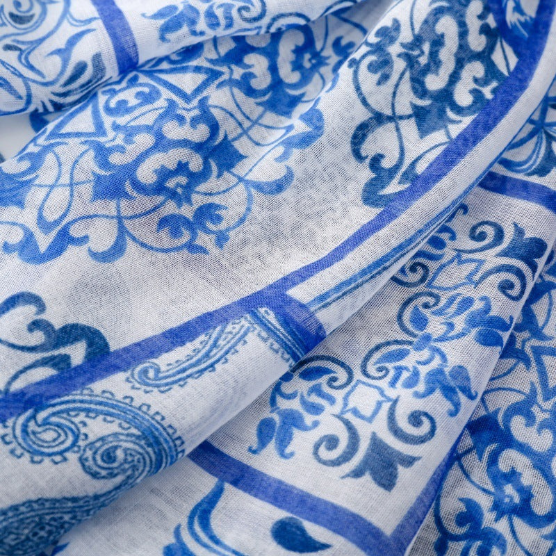 Blue Mosaic Tassel Scarf