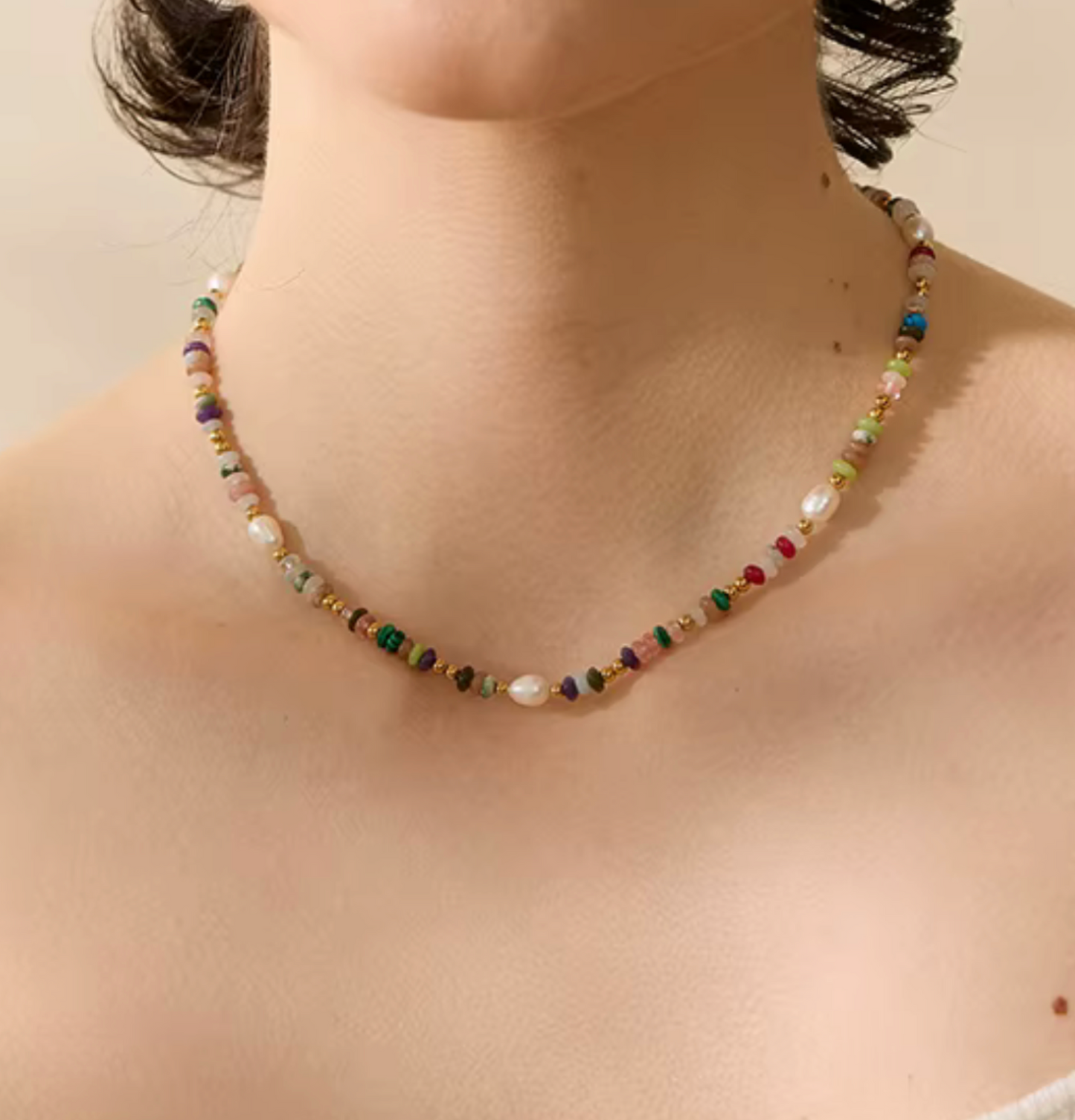 Natural Pearl & Mixed Gemstone Necklace 17" Gold Plated Stainless Steel
