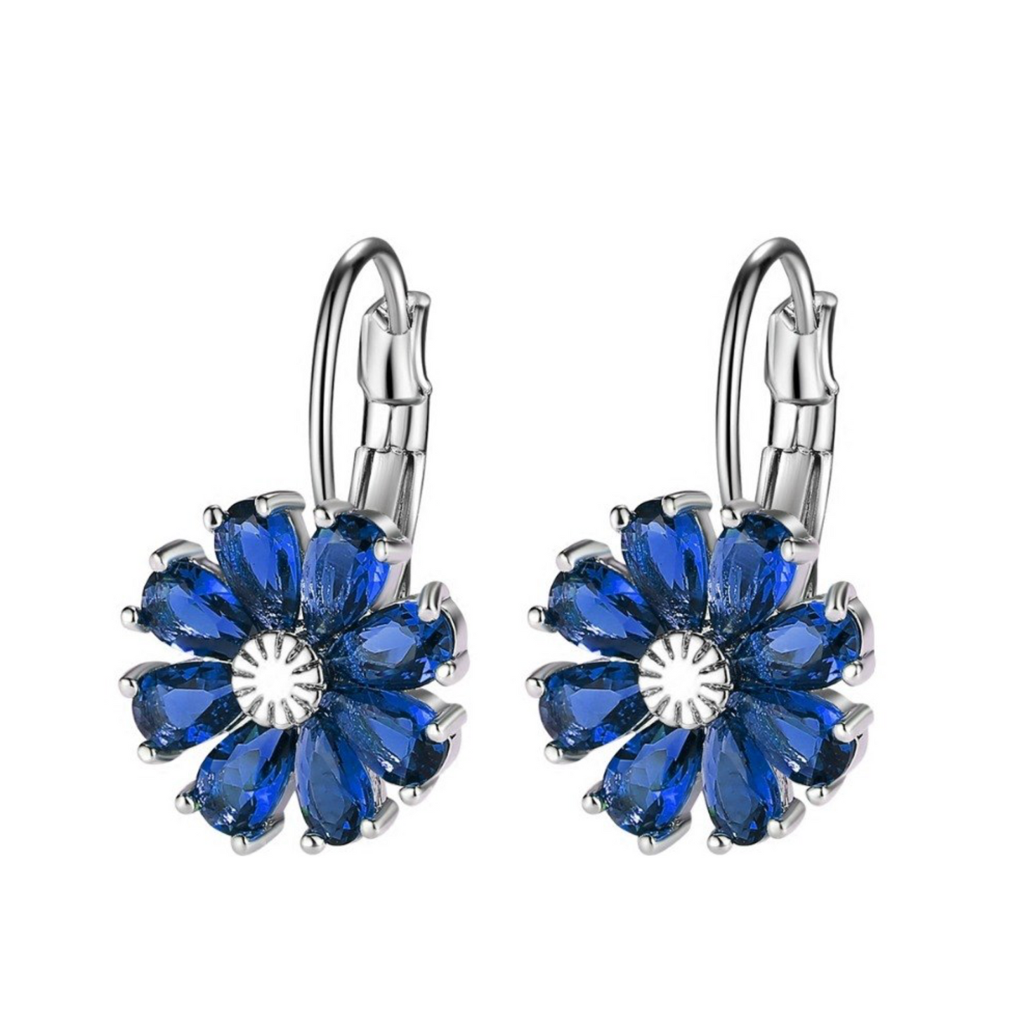 A pair of rhodium-plated blue cubic zirconia flower-shaped earrings with lever-back closures.