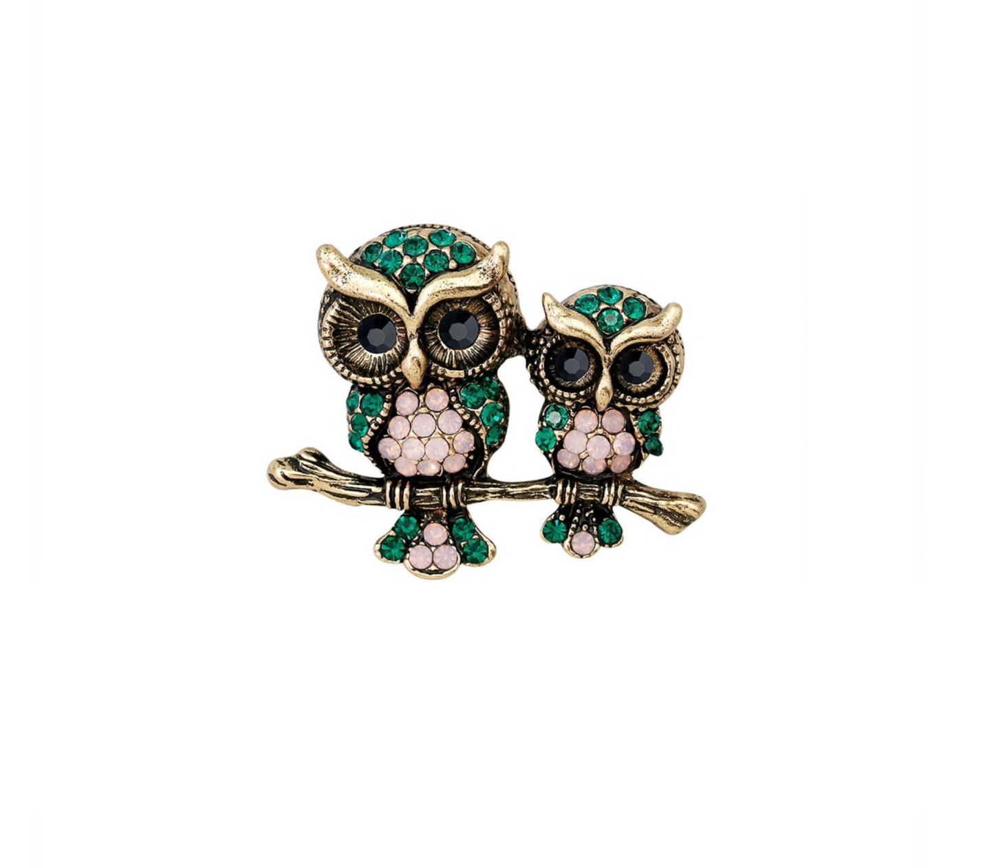 Green Crystal Owls On Branch Brooch
