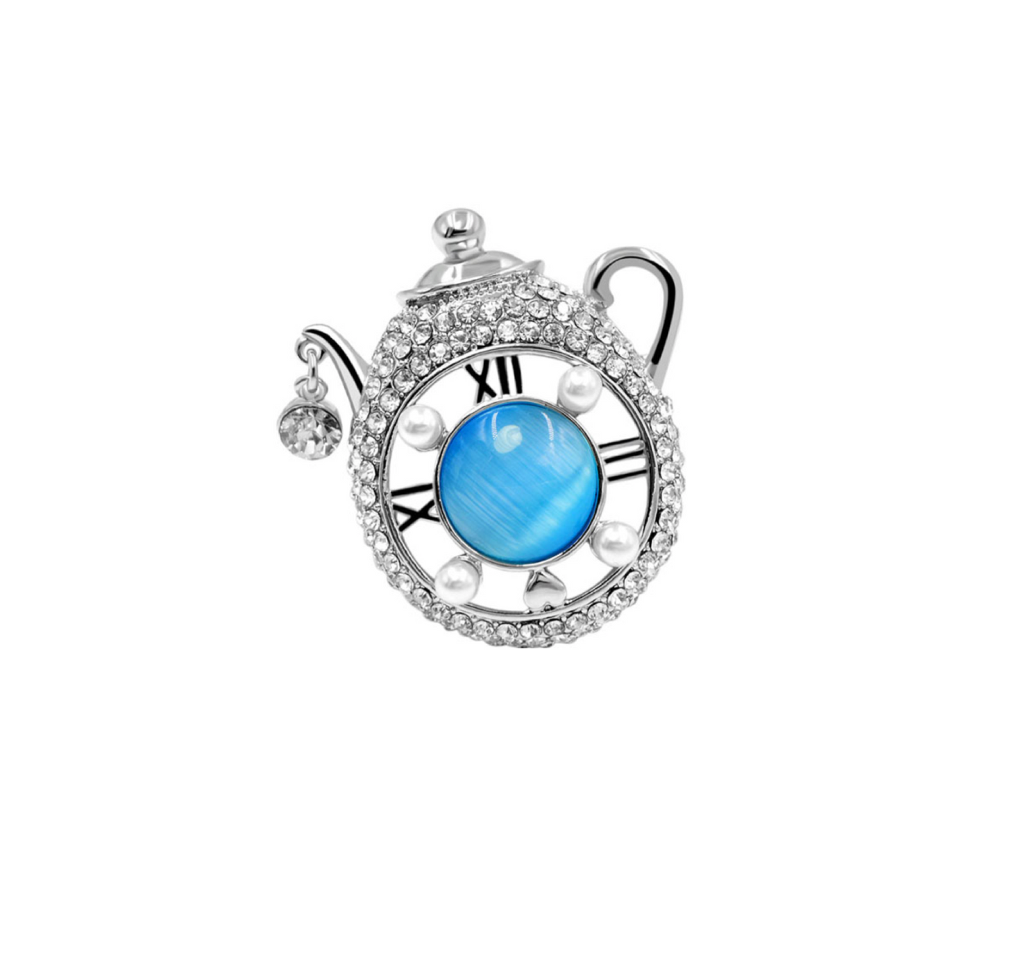 Crystal Blue Teapot Brooch