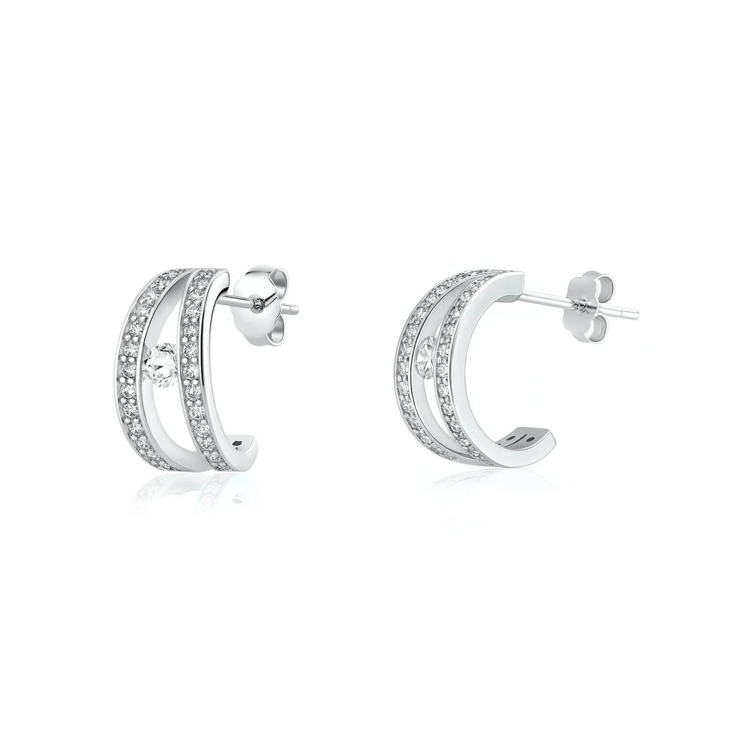 Silver hoop earrings with small diamonds on a white background