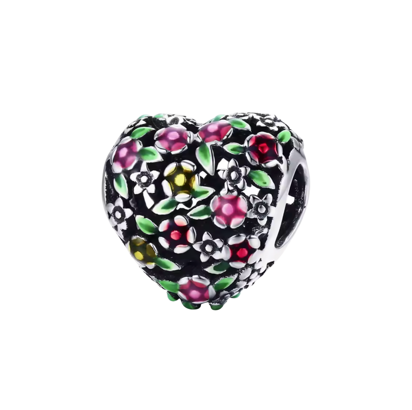 Sterling silver heart charm with bird and floral details, compatible with Pandora-style European charm bracelets.