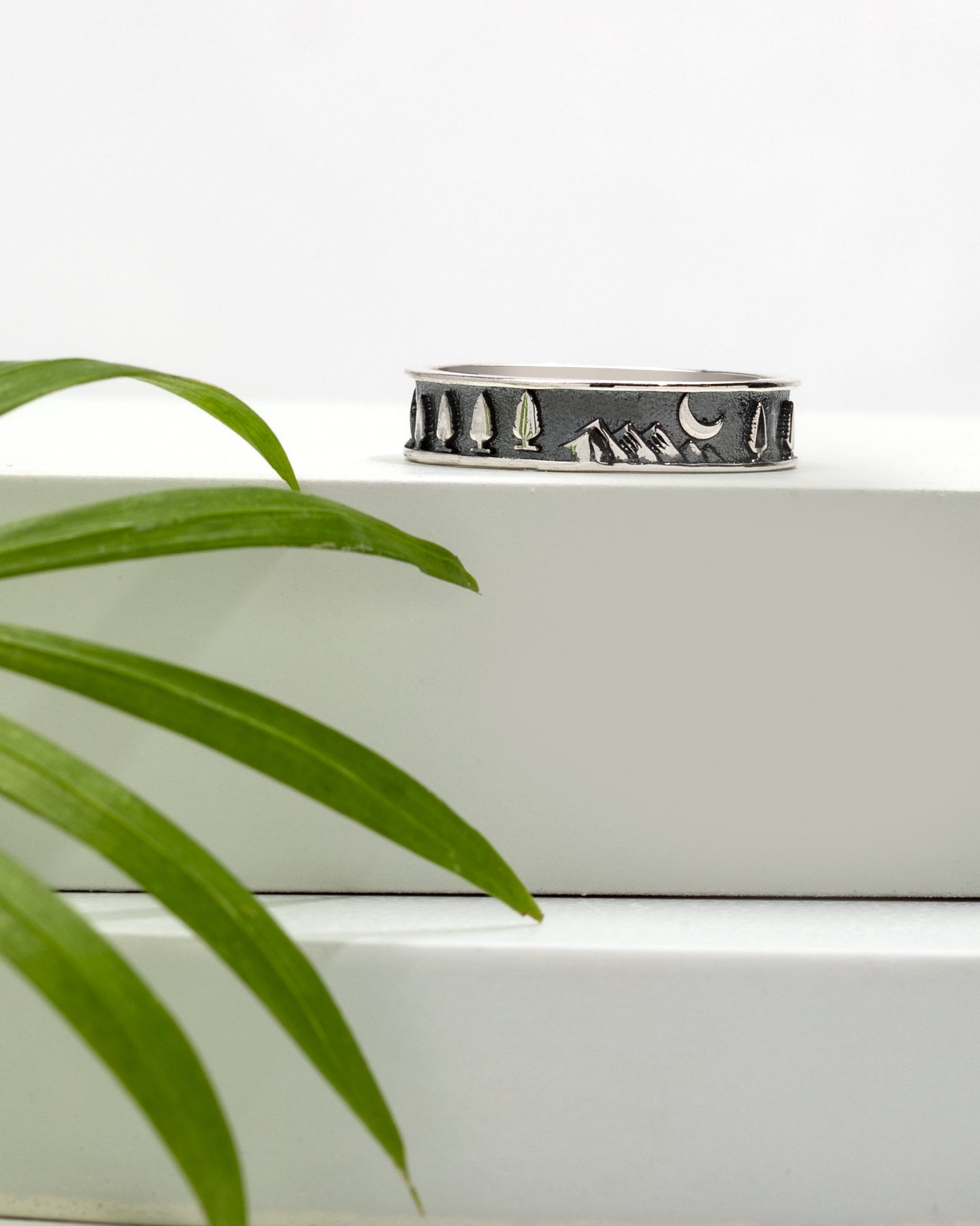 Sterling Silver Night Mountain Scenery Band Ring