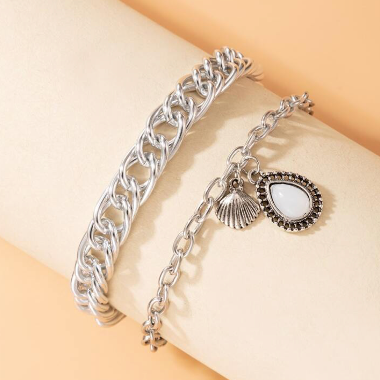 Silvertone Chain Link Bracelet Set With White Teardrop