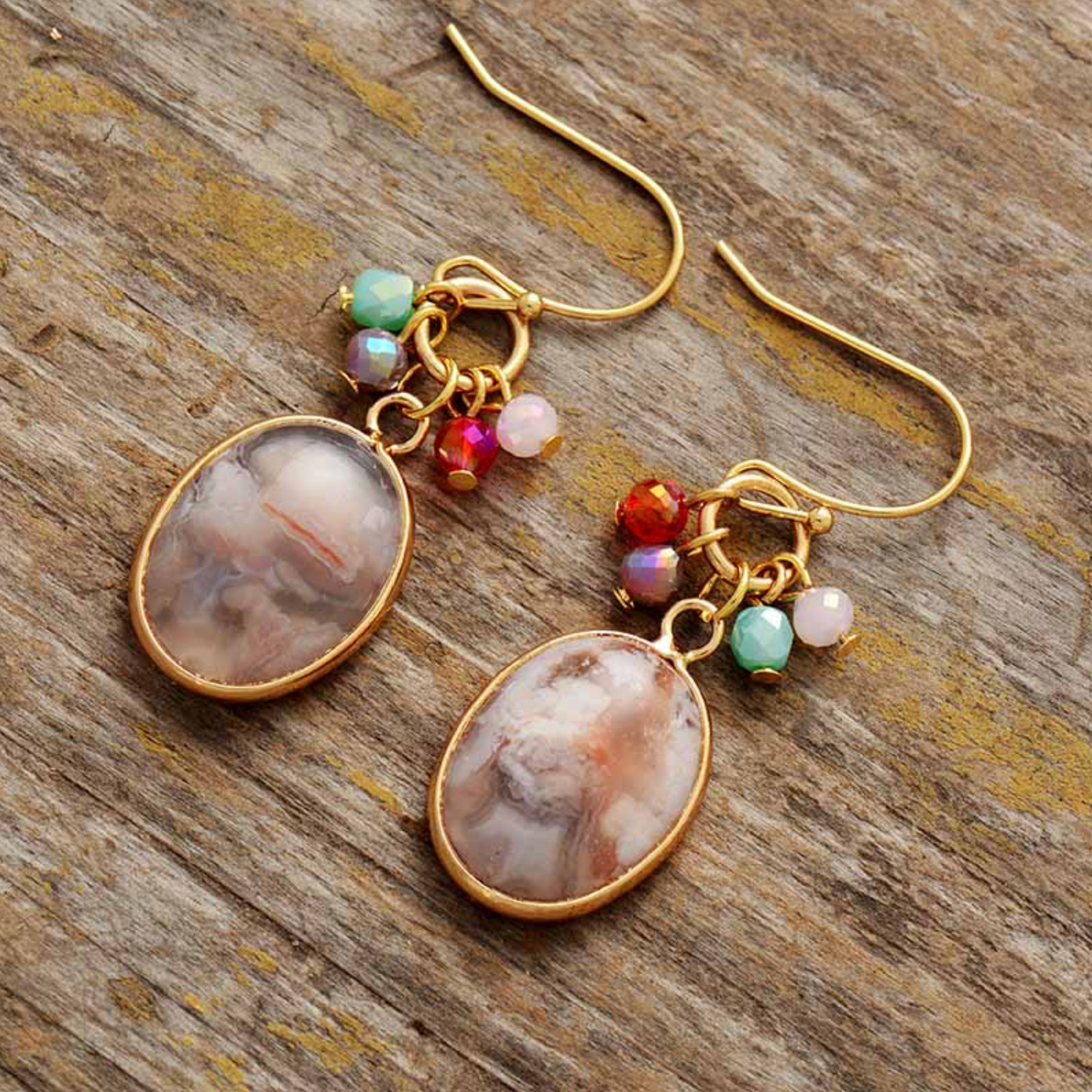 Botswana Agate & Goldtone Oval Cluster Drop Earrings