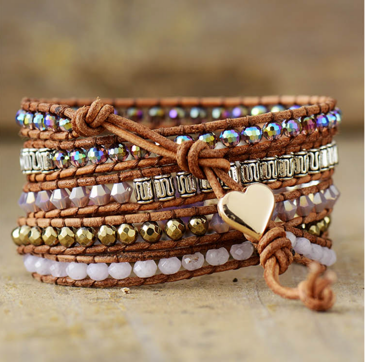 Rose Quartz & Hematite Faceted Disk Wrap Bracelet