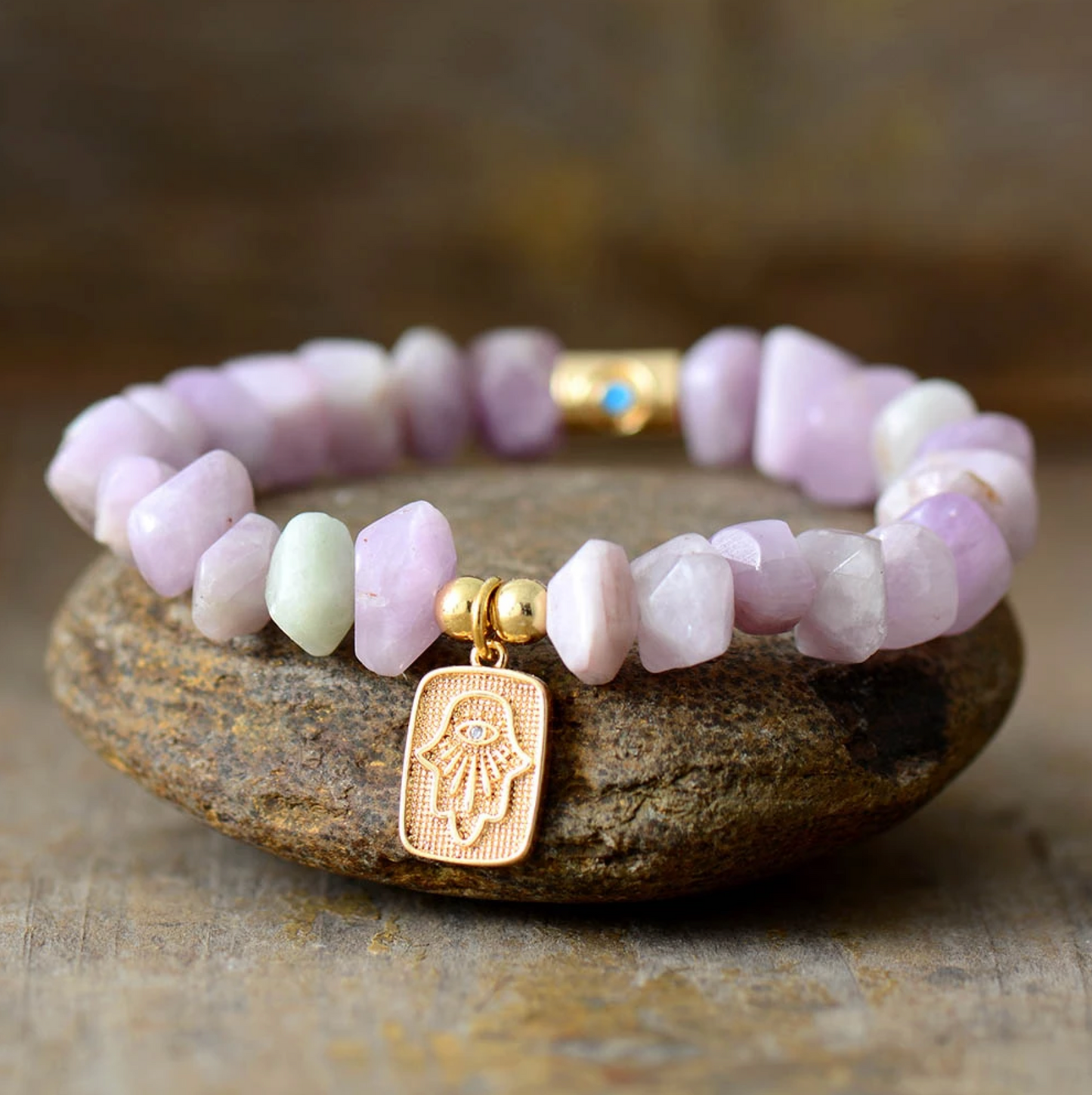 Jasper & Goldtone Faceted Rock Hamsa Charm Bracelet