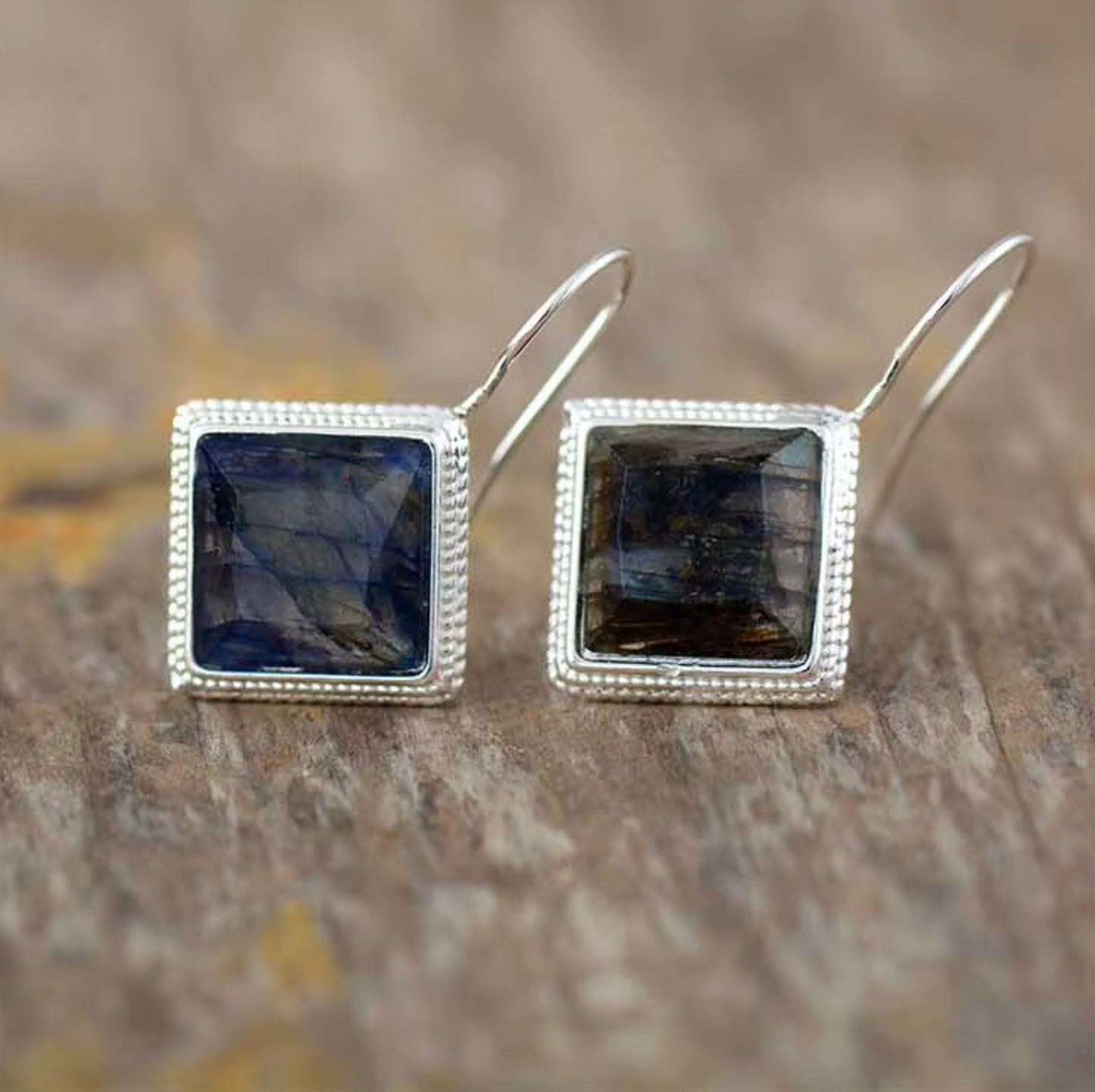 Labradorite & Silvertone Square Drop Earrings