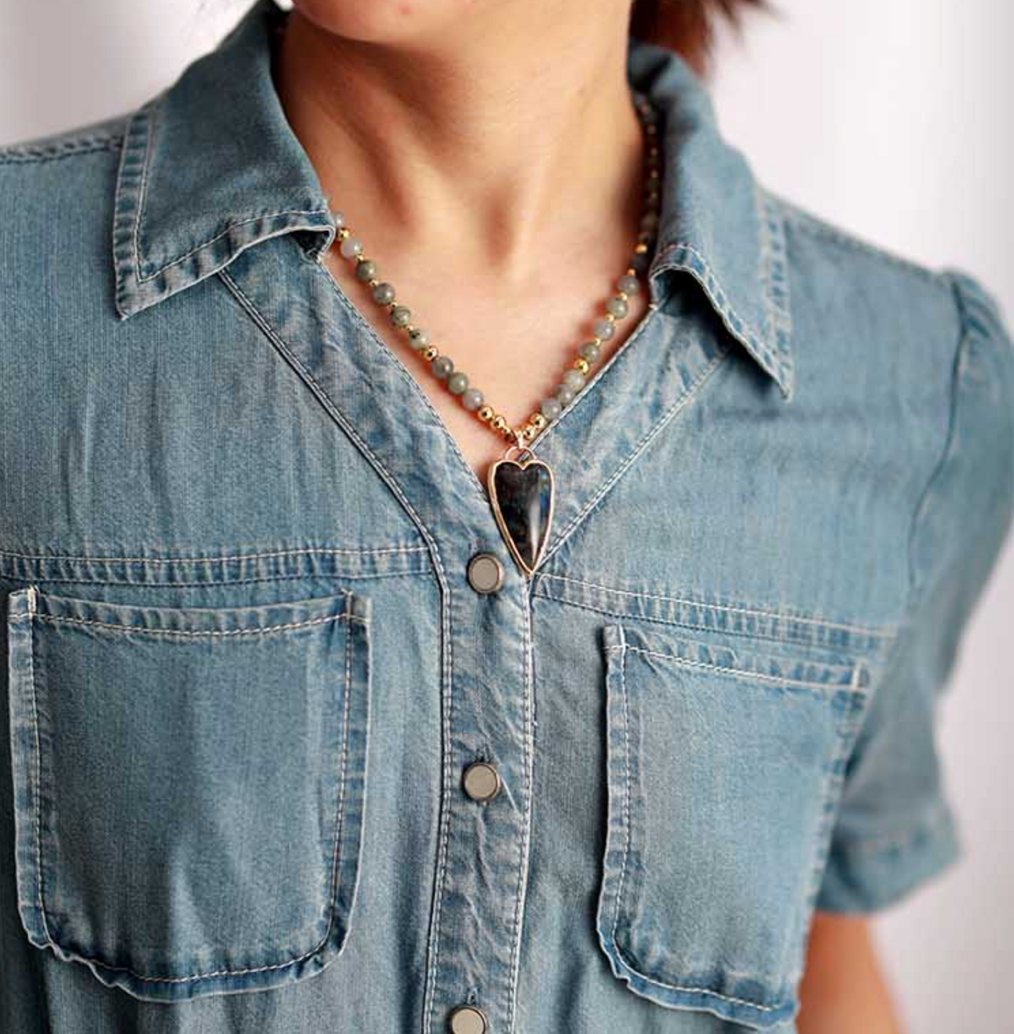 Labradorite & Goldtone Beaded Heart Pendant Necklace