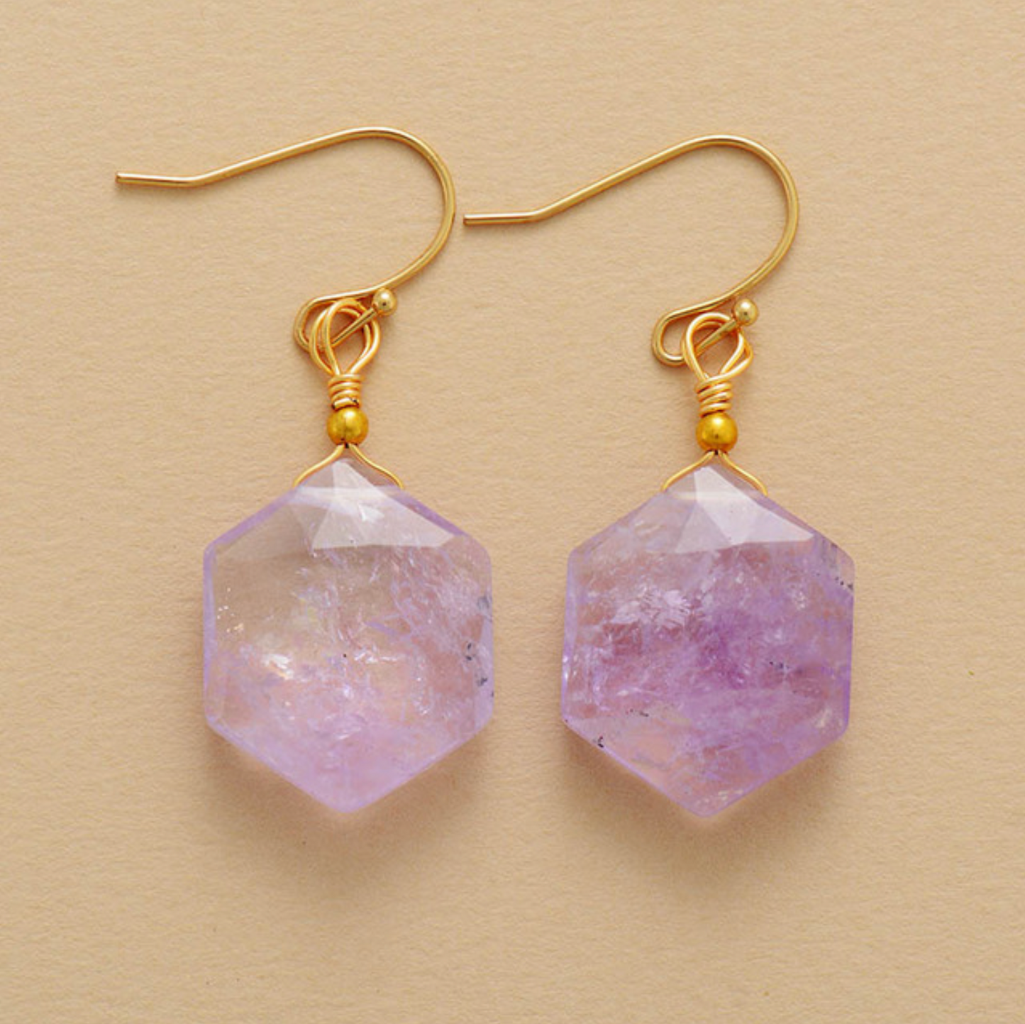 Amethyst & Goldtone Hexagon Drop Earrings