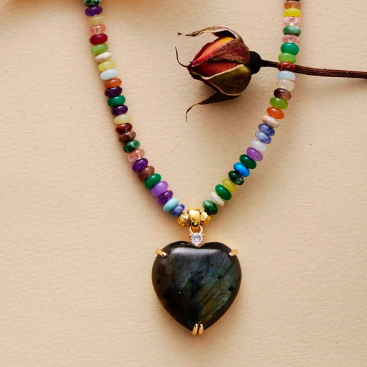 Natural Labradorite & Natural Jade Heart Pendant Necklace