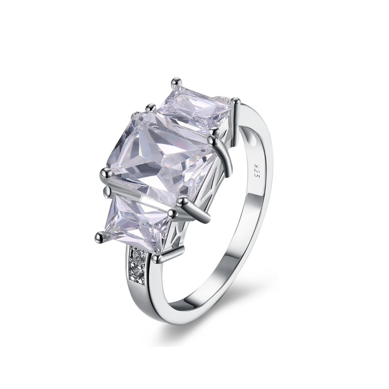 Silver ring with a large clear gemstone on a white background