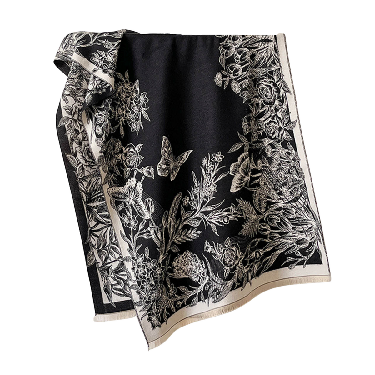 Black and cream botanical print scarf with floral and butterfly motifs on a white background