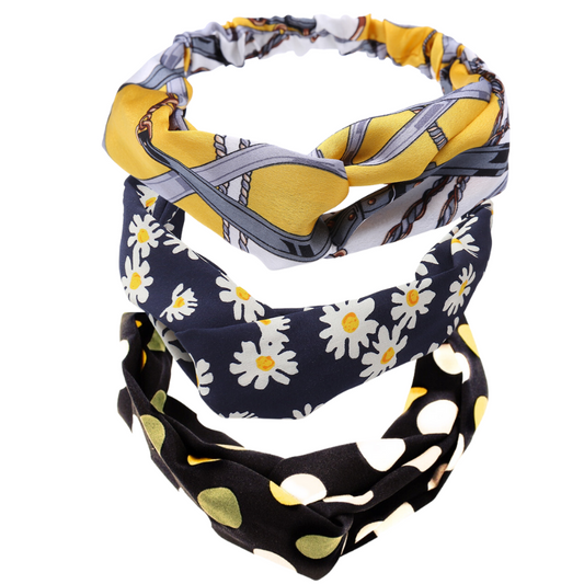 Set of 3 - Yellow & Grey Patterned Twisted Headband - Don't AsK
