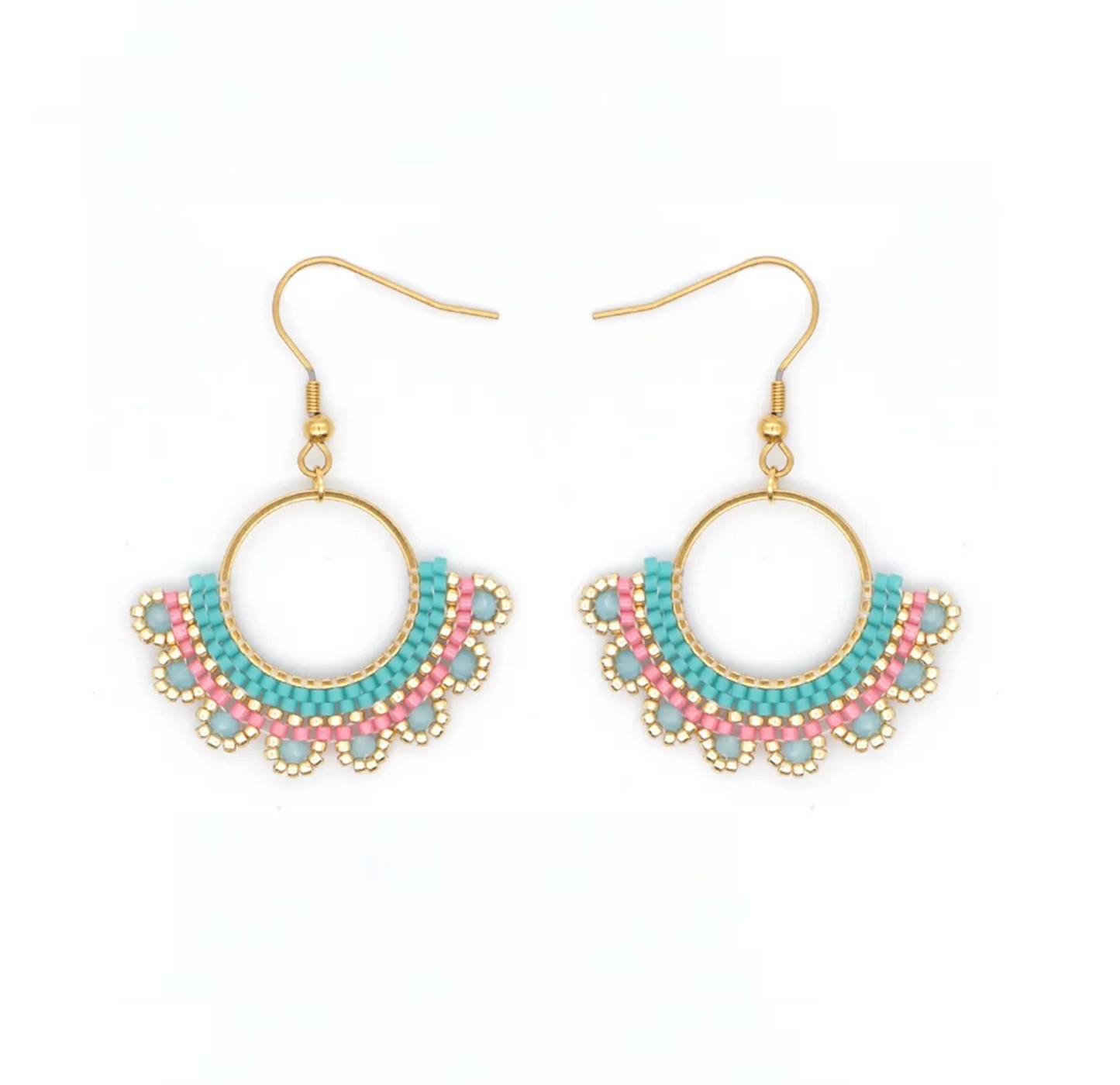 Teal & Pink Beaded Boho Circular Drop Earrings