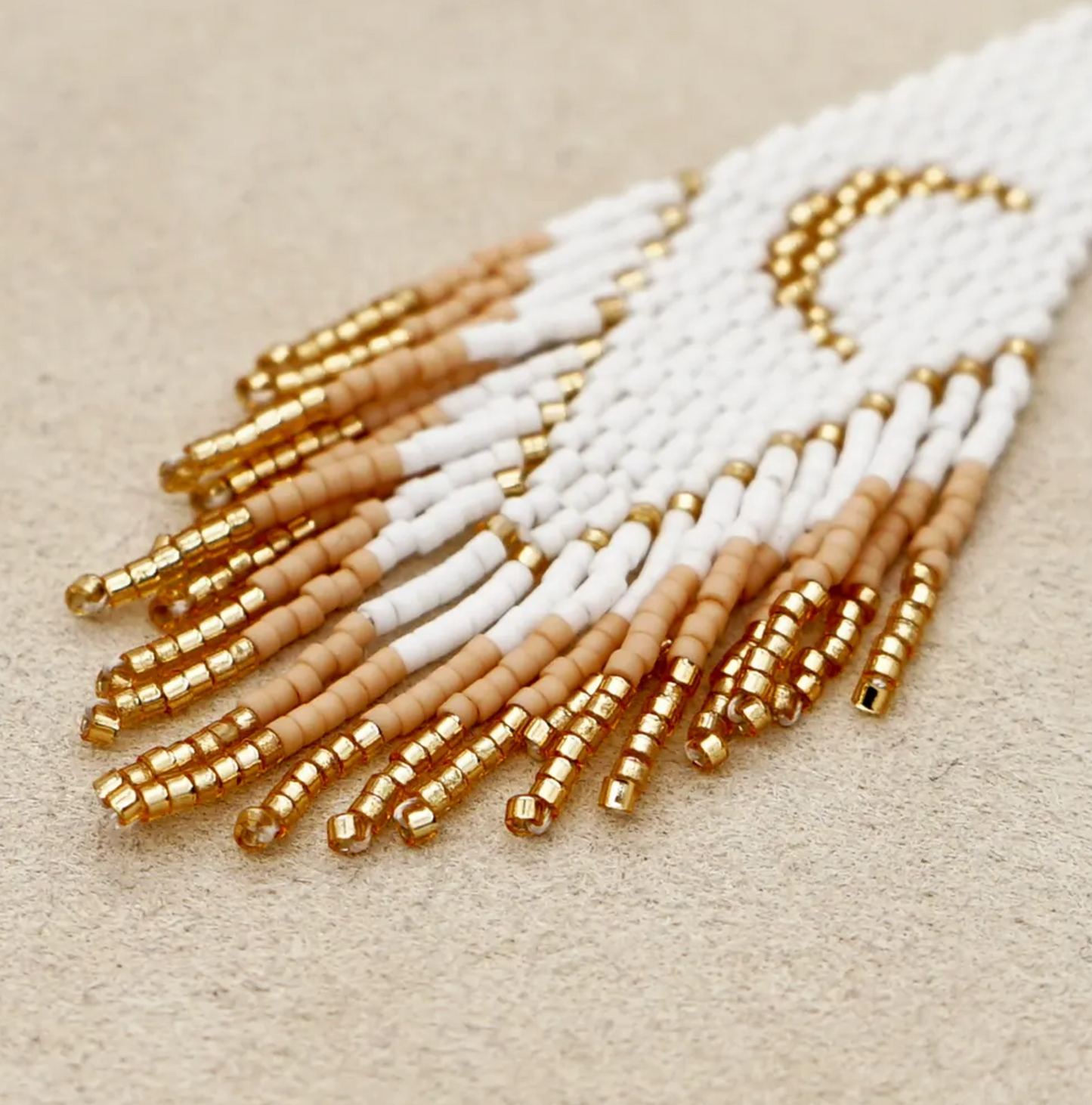 Goldtone & White Tasseled Miyuki Seed Bead Crescent Moon Earrings