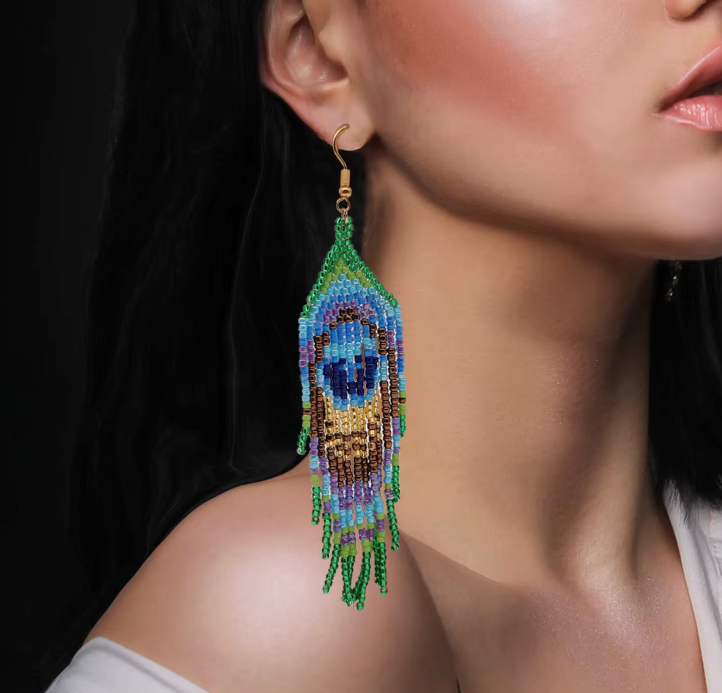 Blue & Green Peacock Miyuki Seed Bead Peacock Tassel Drop Earrings