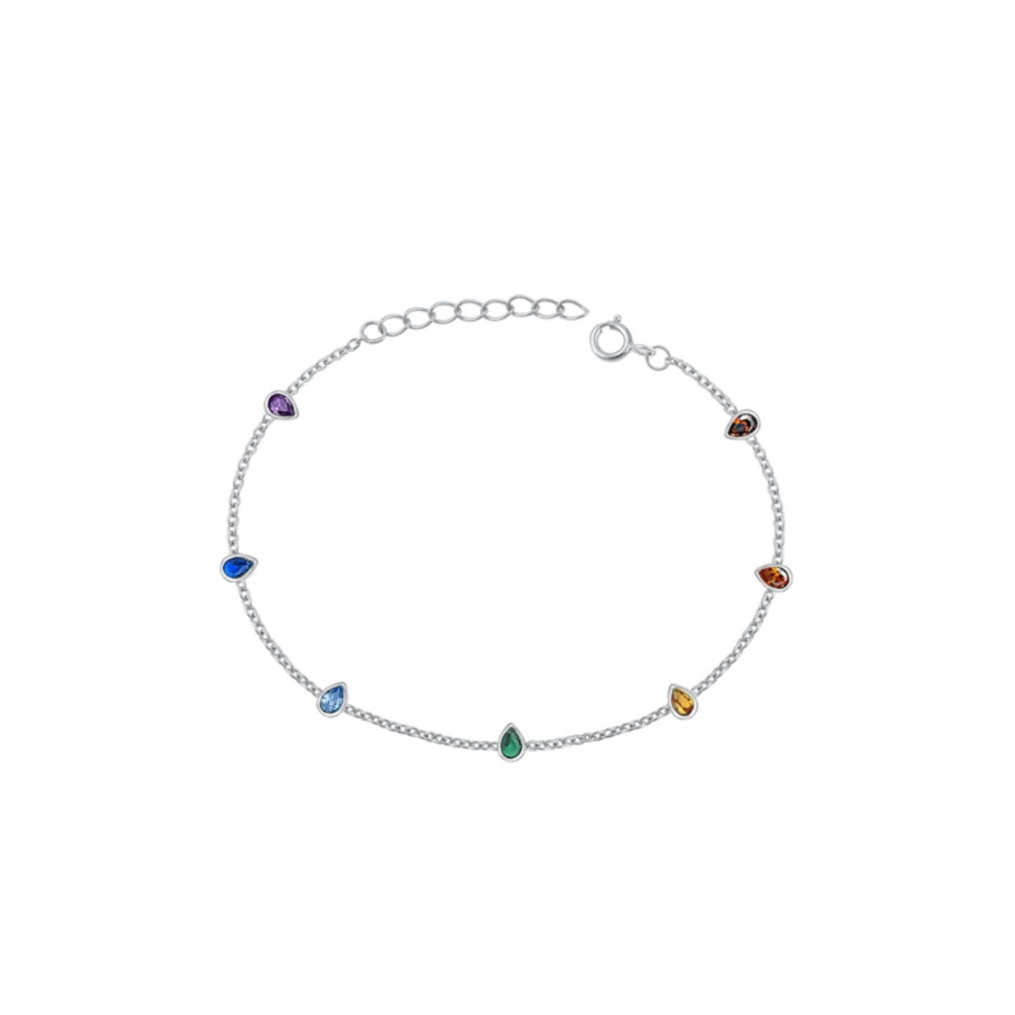 Sterling silver station bracelet with multi-coloured teardrop CZs, rhodium plated with adjustable chain, minimalist women’s jewellery.
