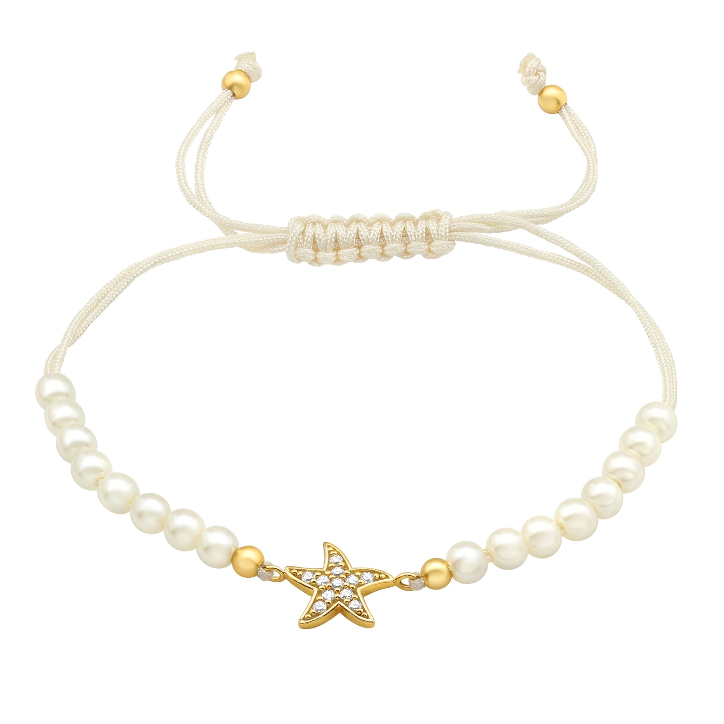 Gold-plated sterling silver starfish cord bracelet with imitation pearls, CZ accents, and adjustable macramé slider, beachy women’s jewellery.