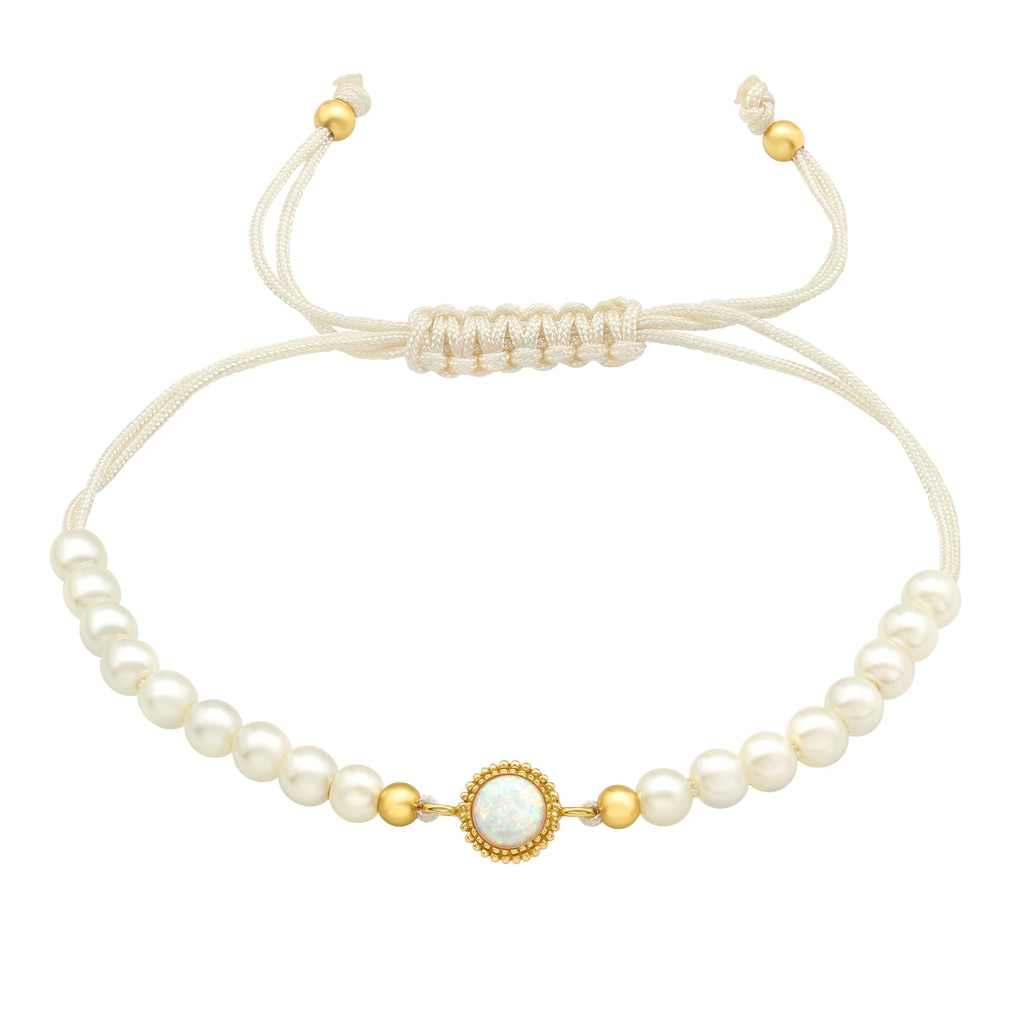 Gold-plated sterling silver cord bracelet with opal centre, imitation pearls and adjustable macramé slider, delicate women’s jewellery.