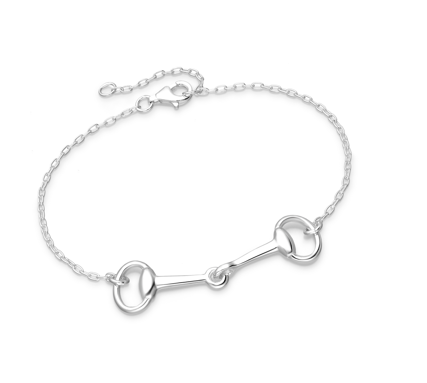 Sterling silver horse snaffle-bit bracelet on a delicate adjustable cable chain, polished E-Coated equestrian women’s jewellery.