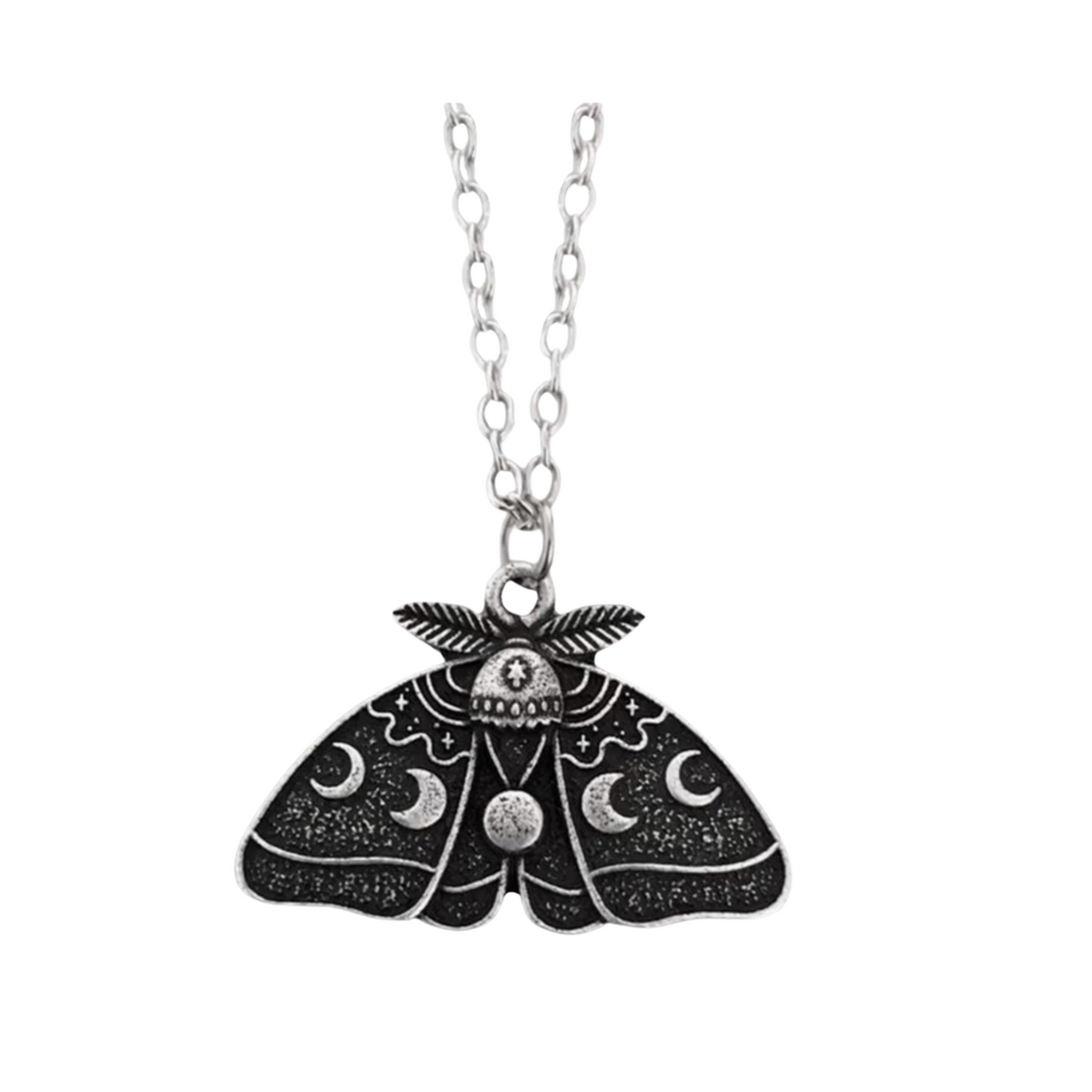 Silvertone necklace with a black moth pendant and lunar motifs