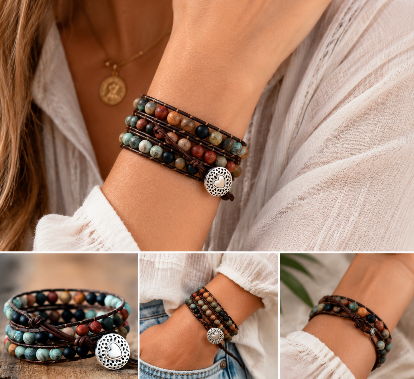 Multi Colored Jasper Beaded Wrap Bracelet