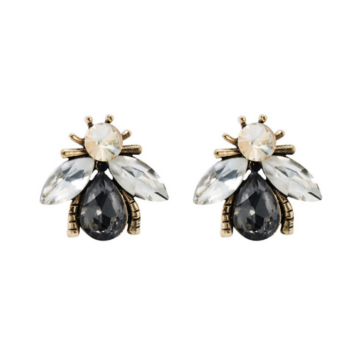 Goldtone bee stud earrings with black teardrop bodies and clear crystal wings