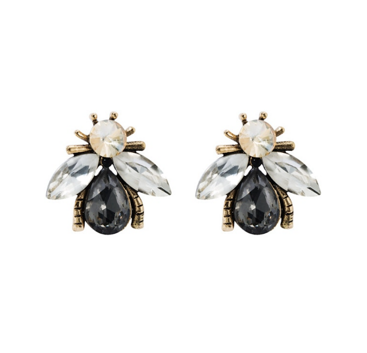 Goldtone bee stud earrings with black teardrop bodies and clear crystal wings