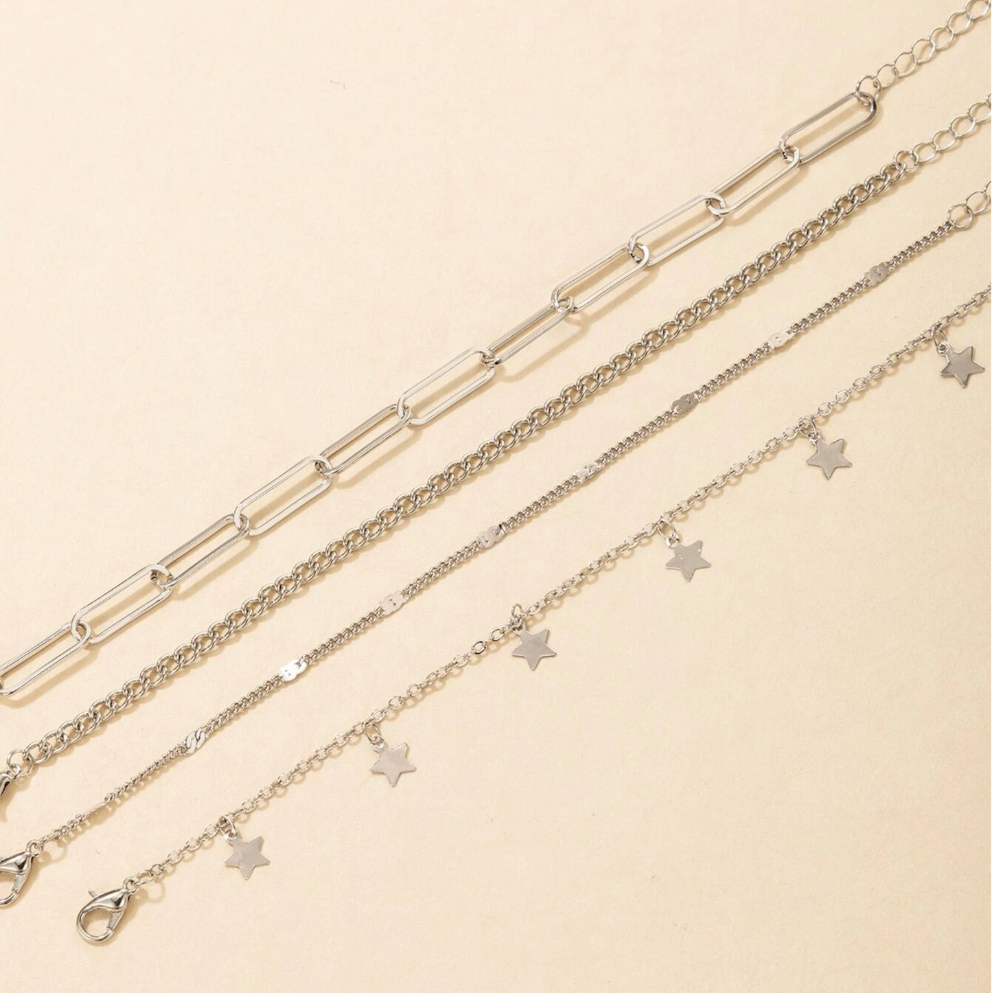 Silvertone Star Chain Link Set Of 4 Bracelets