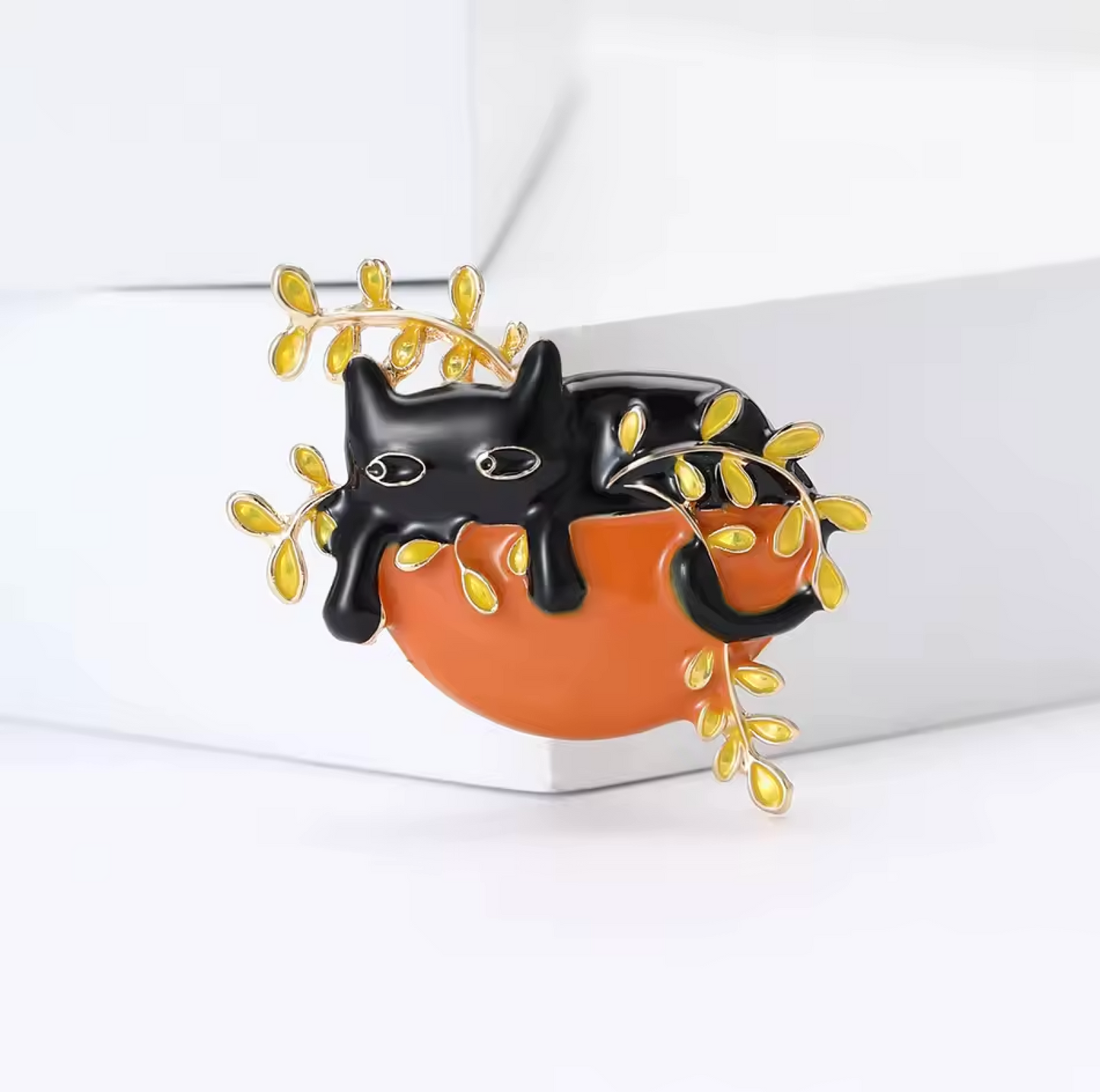 Black Goldtone Cat In Flower Pot Brooch