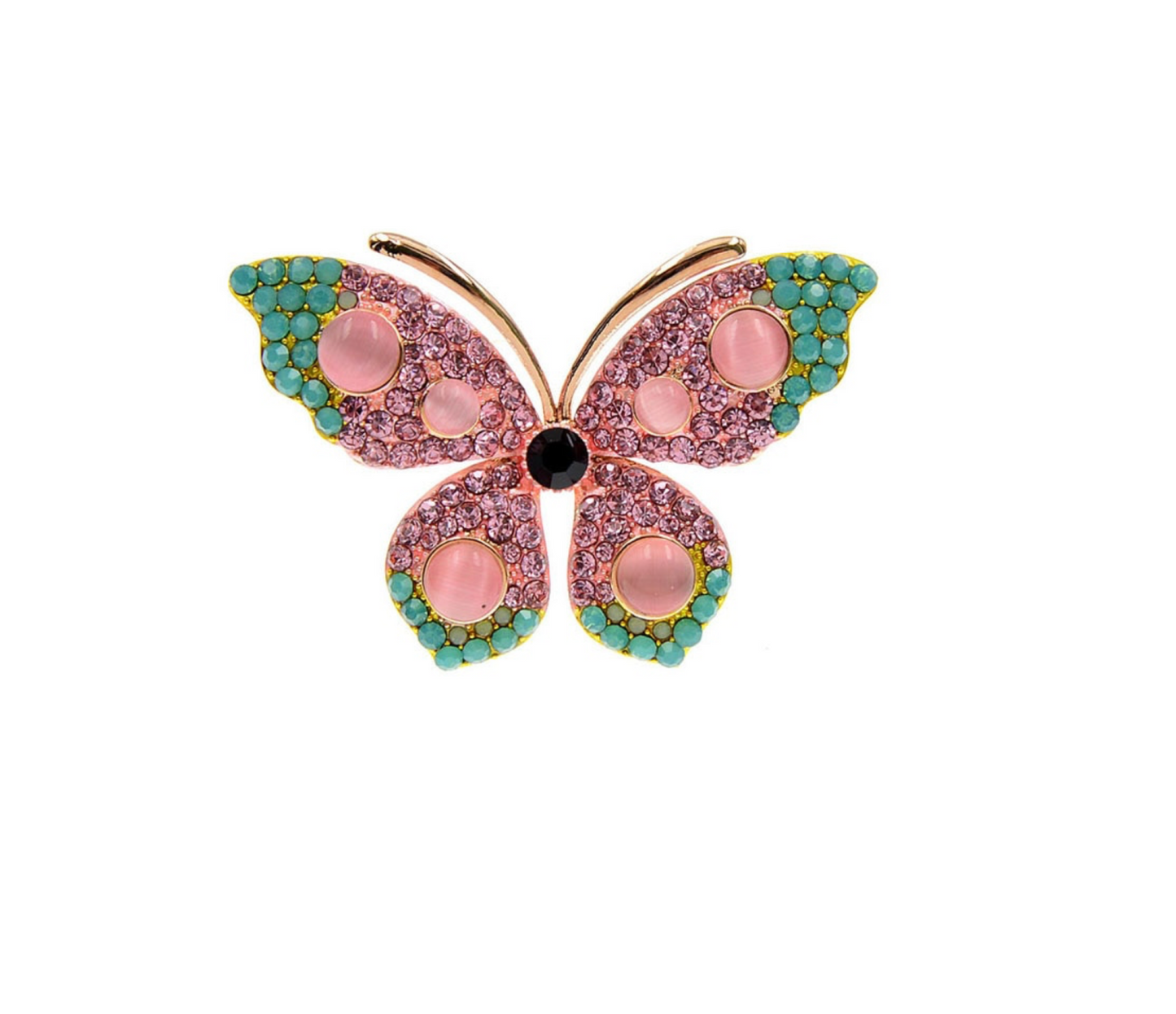Pink Green Crystal Pave Butterfly Brooch