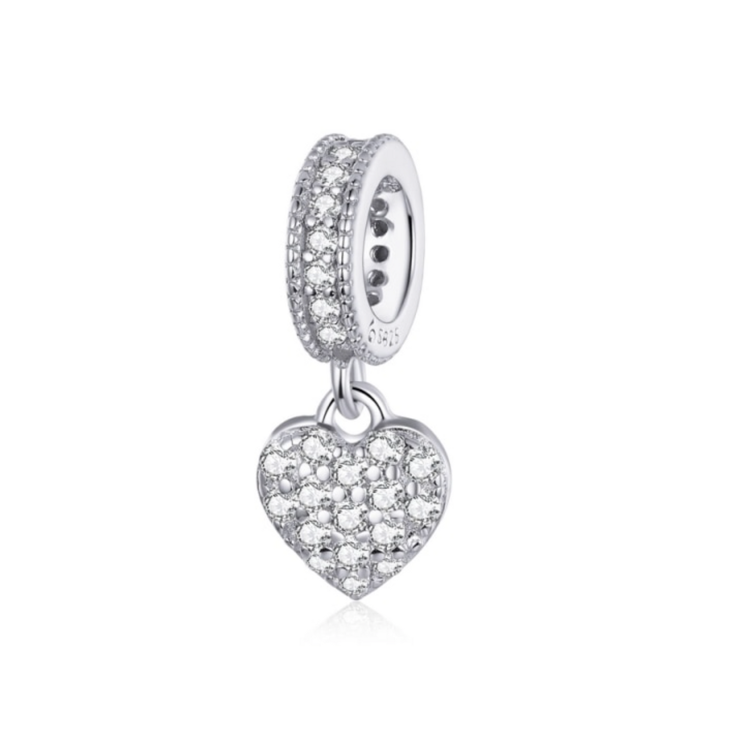 Sterling silver pavé heart dangle charm with pavé CZ bail and smooth core, compatible with Pandora-style European bracelets.