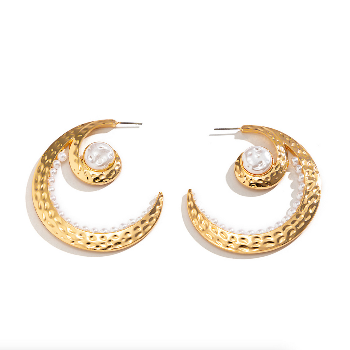 Goldtone & Pearl Curved Hoop Earrings on a white background