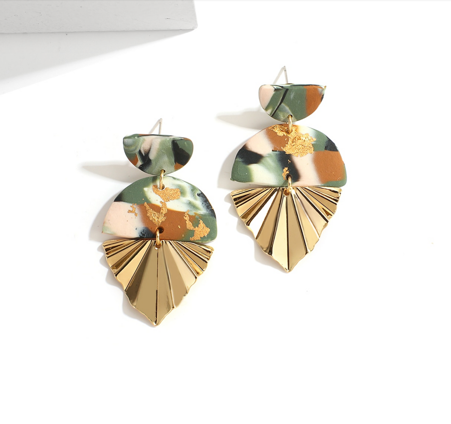 Goldtone Fan Green Multi Colored Statement Earrings