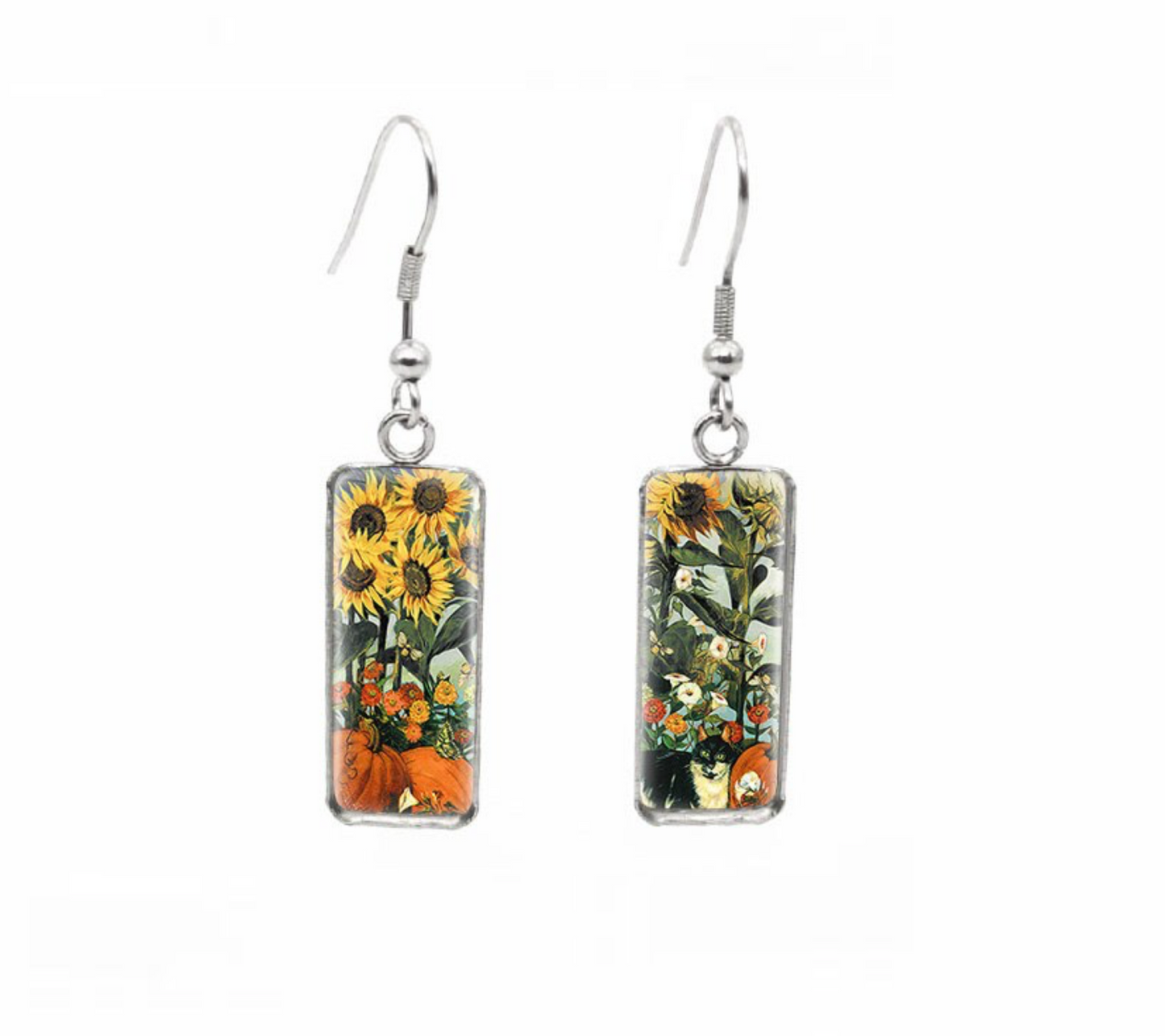 Cat Themed Rectangular Drop Earrings