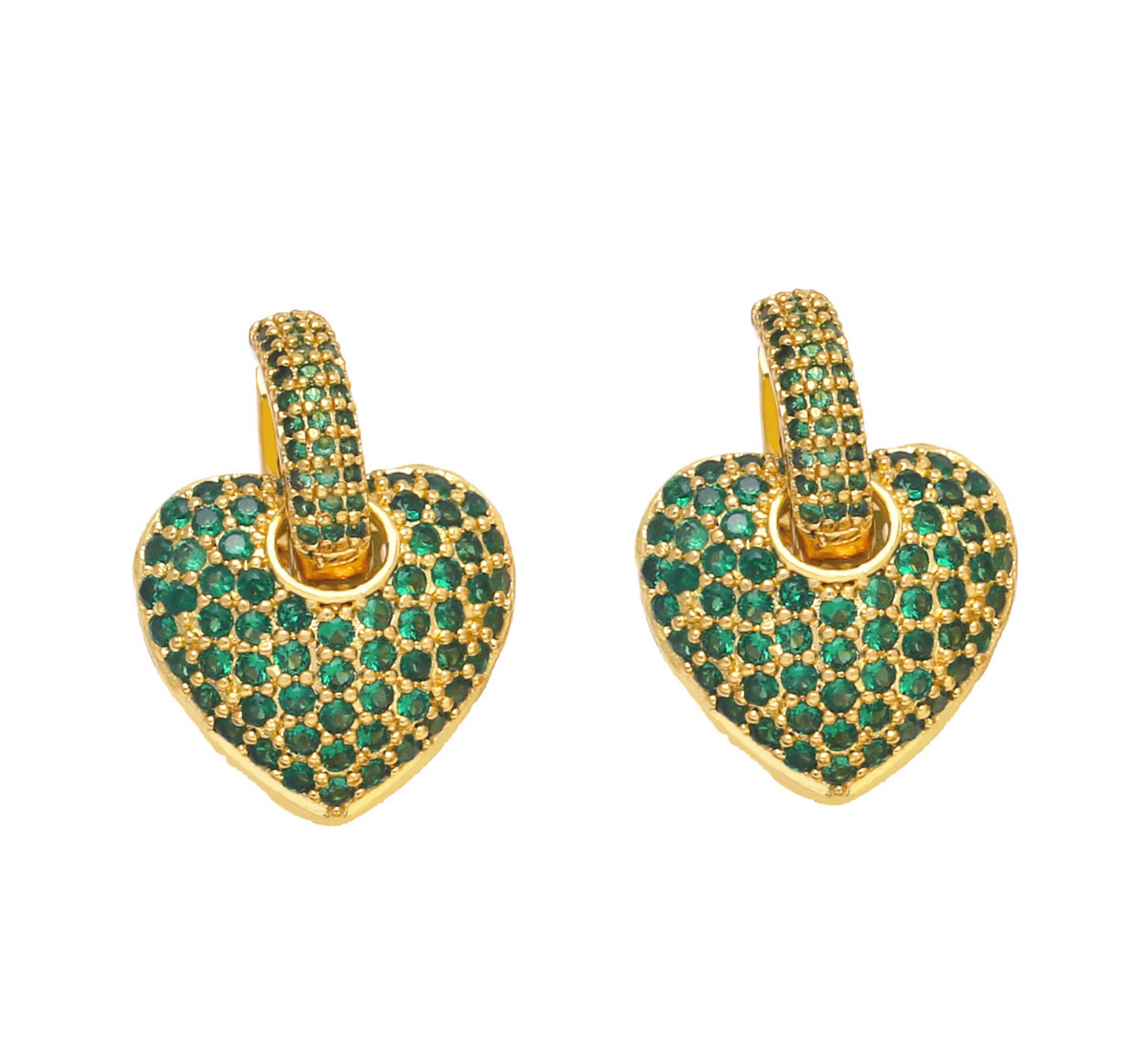 Gold & Green Cz Huggie Heart Hoop Earrings