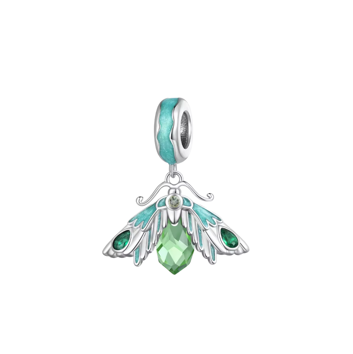 Sterling Silver Enchanted Moth Charm with Green Crystal Drop