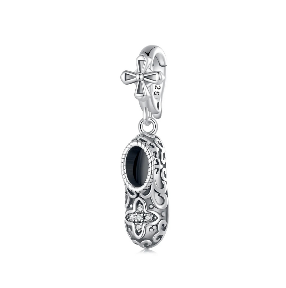Sterling Silver Ballet Slipper Charm with Black Enamel and Pavé Accents
