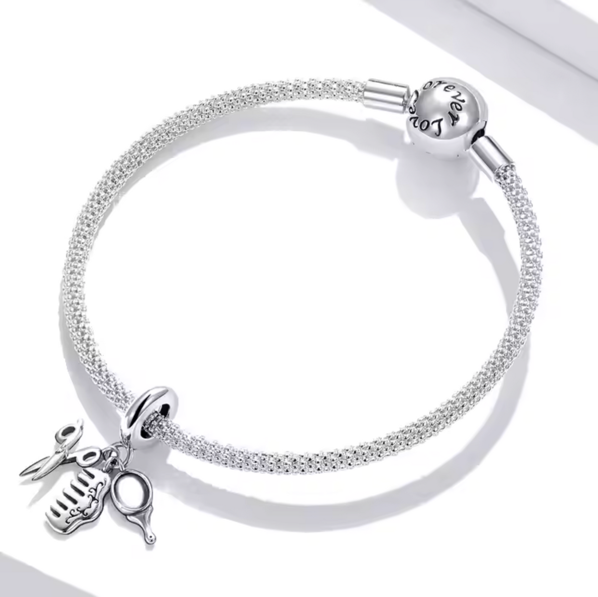 Sterling Silver Hair Stylist Tools Charm – Scissors, Comb & Mirror Trio