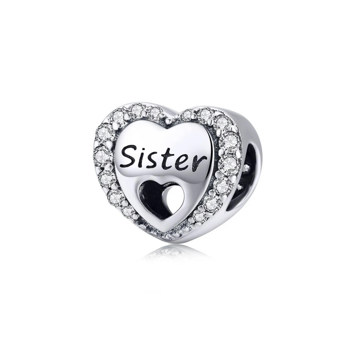Sterling Silver “Sister” Heart Charm with CZ Halo