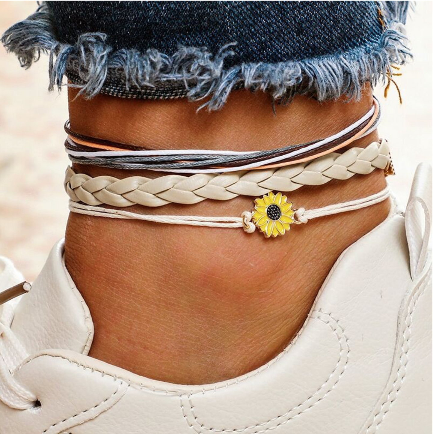 Yellow Cream Braided Sunflower Anklet Set