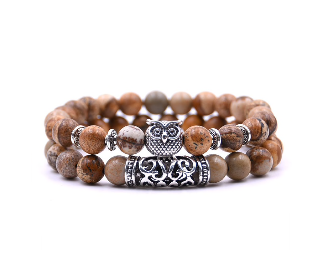 Earth Toned Set Of 2 Beaded Owl Bracelets