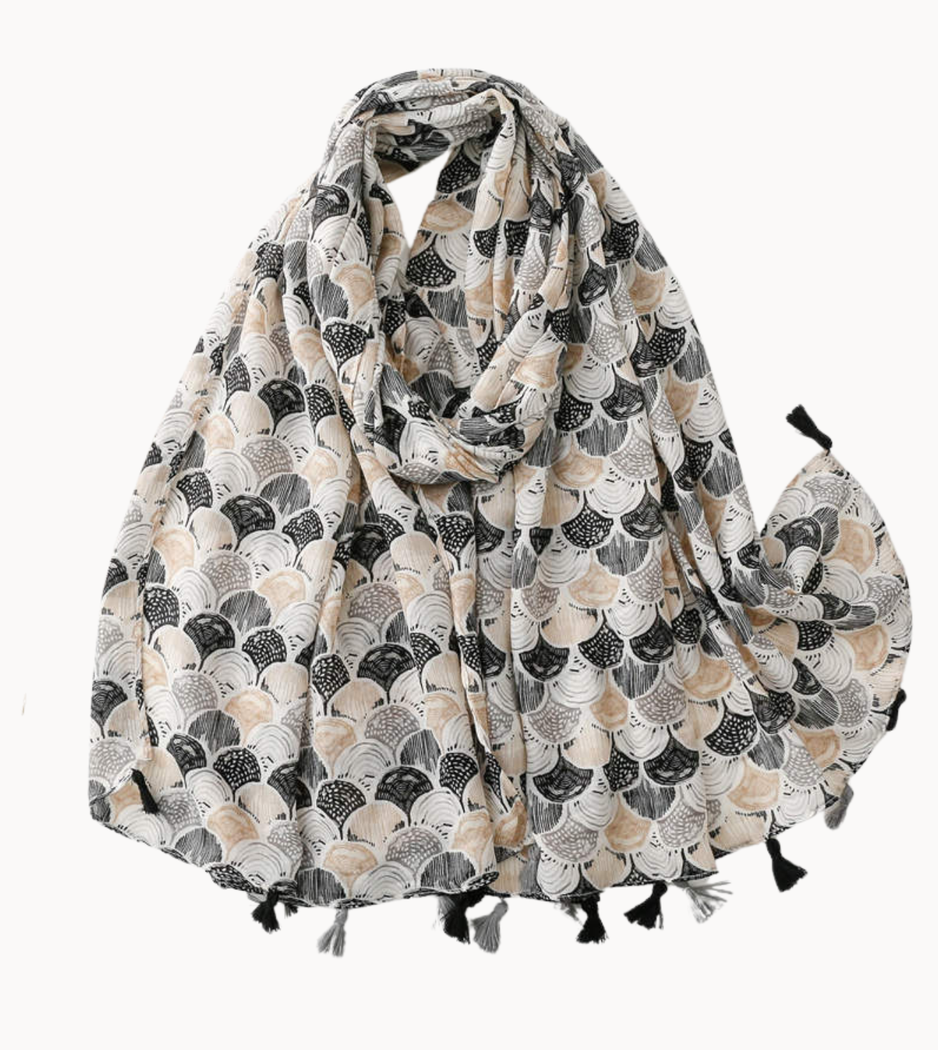 Ombre Fan Scarf in Sand, Grey, and Jet with Tassels