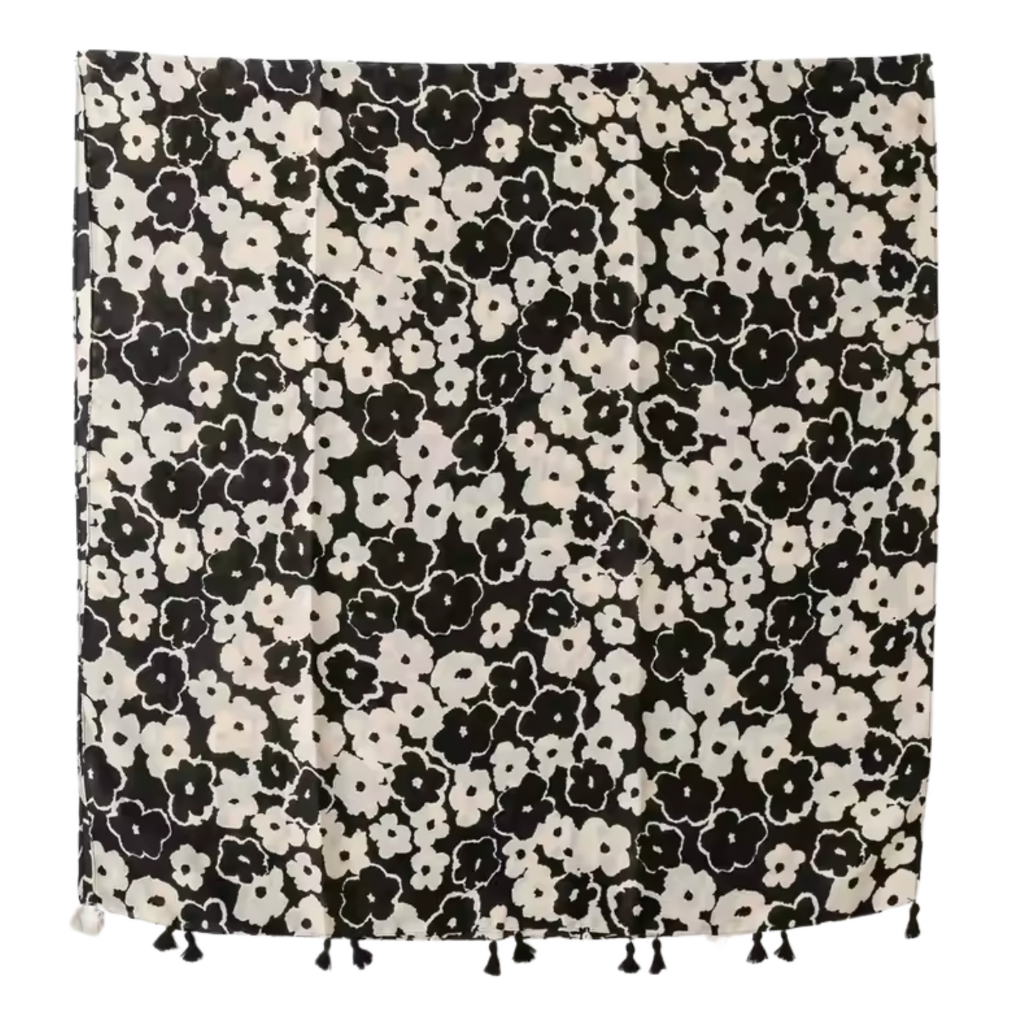 Black and White Floral Scarf with Tassels- Don't AsK
