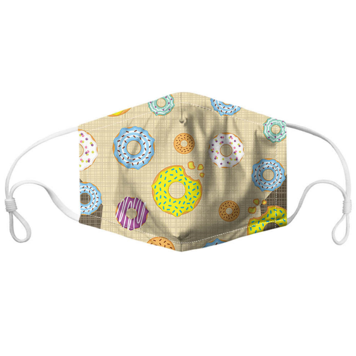 Reusable non-medical face mask with colourful doughnuts on a yellow background