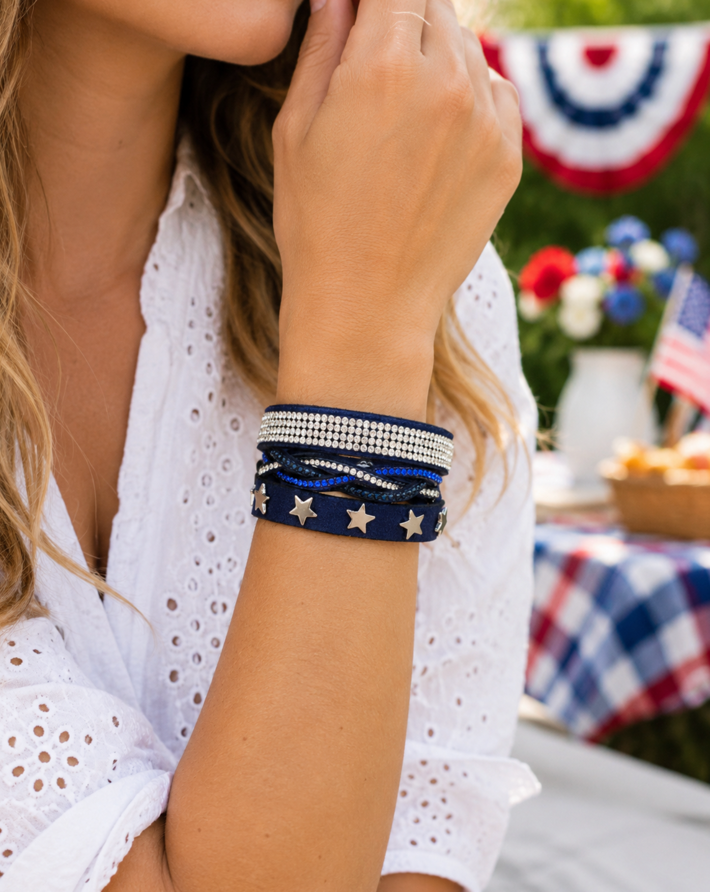 Faux Leather Blue Crystal Star Multi-strand Bracelet