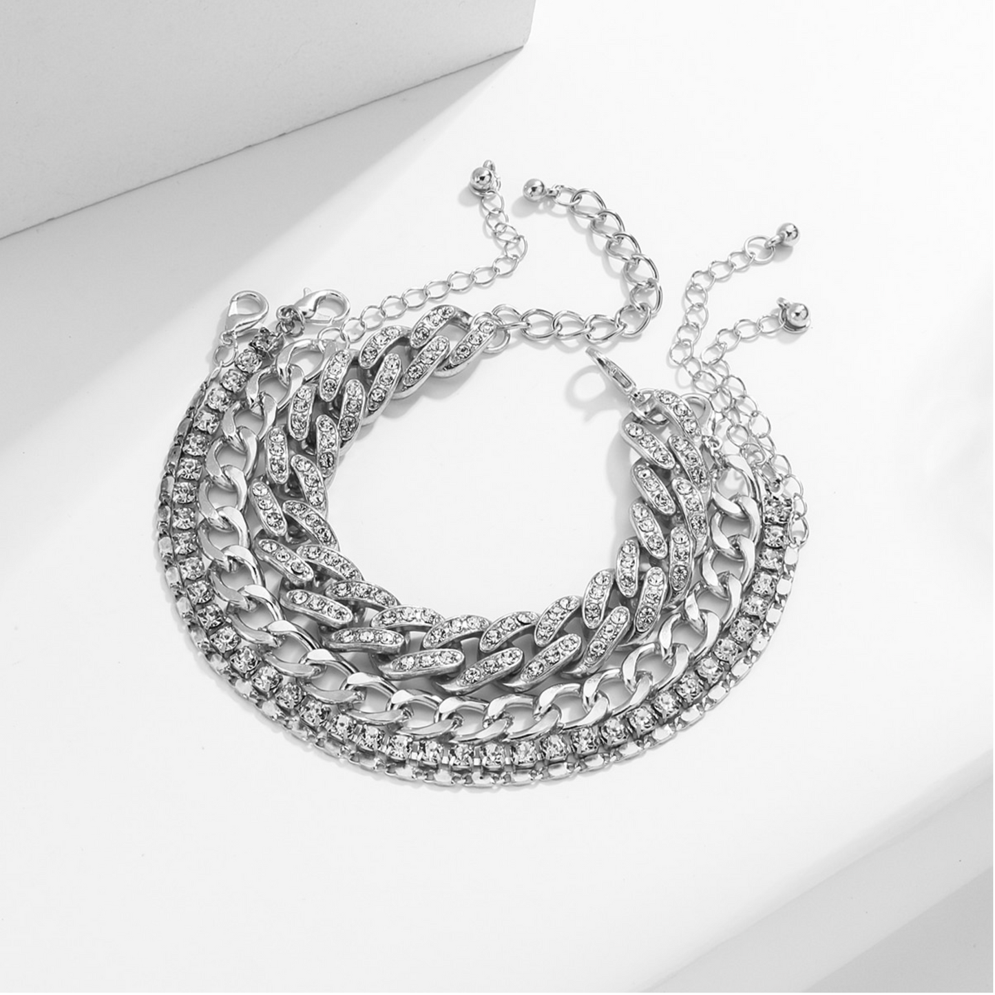 Crystal Silvertone Chain Bracelet Set